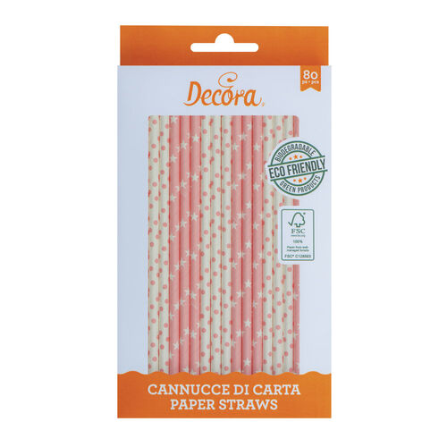 PAJITAS ESTRELLAS Y PUNTOS ROSAS 80 UDS. DECORA