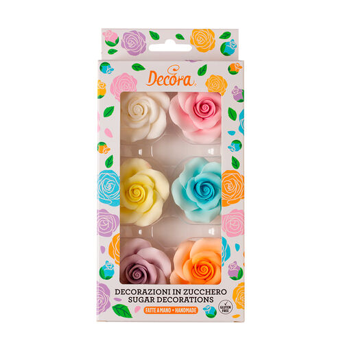 ROSAS AZÚCAR GRANDES COLORES SURTIDOS 6 UDS. DECORA